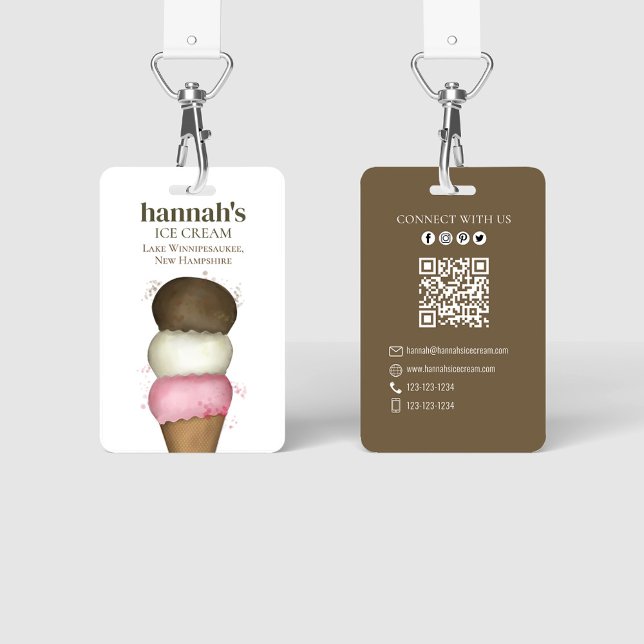 Crachá Modelo de Nome de Funcionário de Código QR de Negó (Custom ice cream employee badge with photo, name, and QR code for cafés and dessert shops.)
