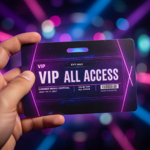 Crachá Modelo de Passe de Acesso Total Neon VIP com Códig