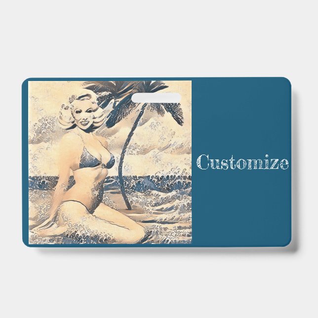 Crachá Modelo loira ajoelhada de biquíni Thunder_Cove (Frente)