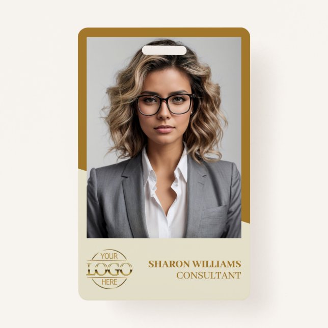 Crachá Modern Beige Gold Employee Photo & Company Logo (Frente)