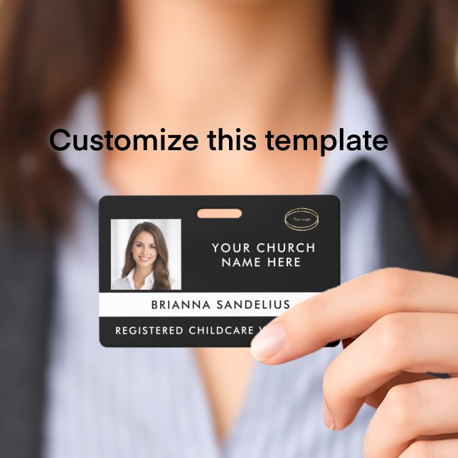 Crachá Modern Black Custom Logo Photo ID Church Volunteer (Personalize this modern black and white professional logo photo ID badge for church volunteers.
)