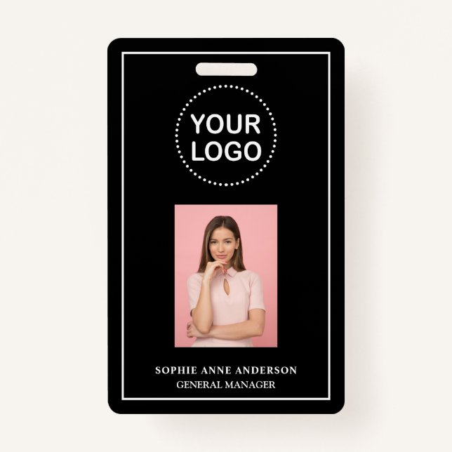 Crachá Modern Black Minimalist QR Code Business Employee  (Frente)