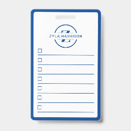 Crachá Modern Blue Monogram Name Whiteboard To Do List