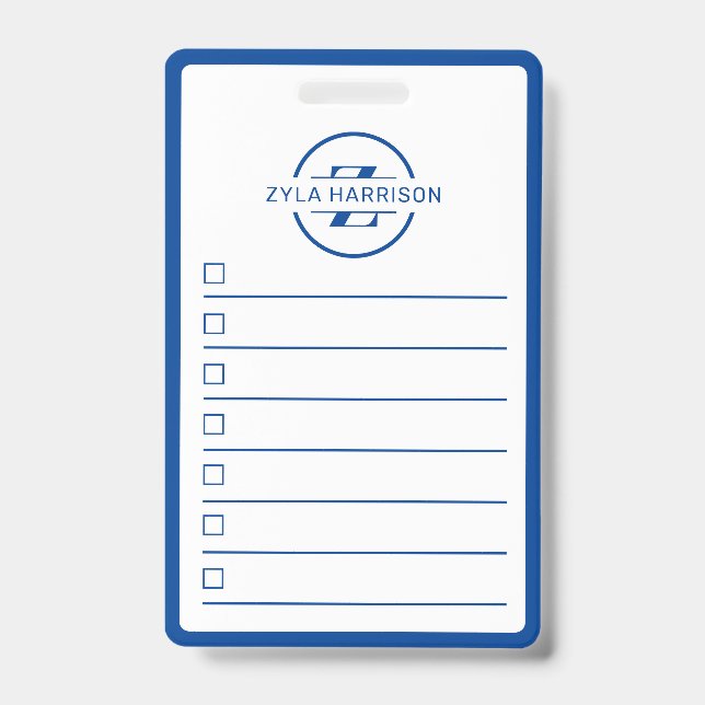 Crachá Modern Blue Monogram Name Whiteboard To Do List (Front)