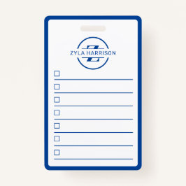 Crachá Modern Blue Monogram Name Whiteboard To Do List