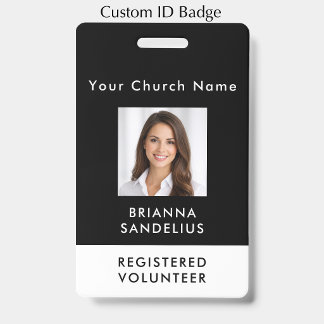 Crachá Modern Custom Black Photo ID Church Volunteer