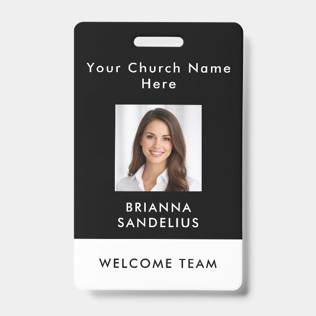 Crachá Modern Custom Black Photo ID Church Volunteer (Frente)