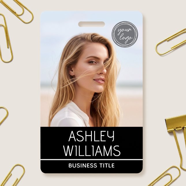 Crachá Modern Custom Photo Color Logo Employee Black (Criador carregado)