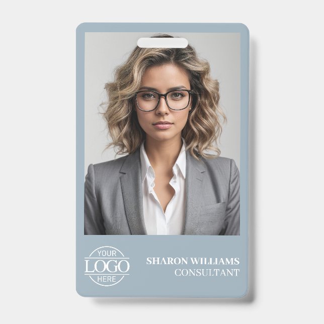 Crachá Modern Dusty Blue Employee Photo Company Logo (Frente)