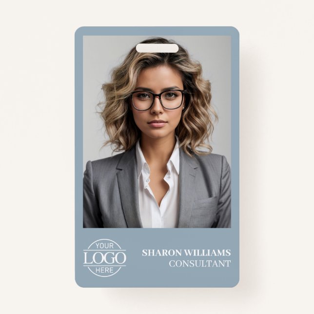 Crachá Modern Dusty Blue Employee Photo Company Logo (Frente)