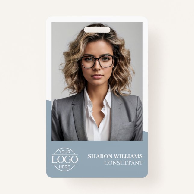 Crachá Modern Dusty Blue Employee Photo Company Logo (Frente)