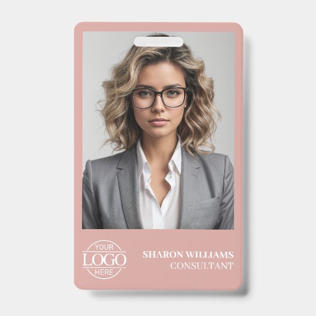 Crachá Modern Dusty Rose Personalized Employee Photo Logo (Frente)