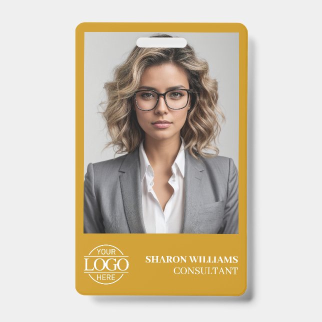 Crachá Modern Mustard Yellow Employee Photo Company Logo (Frente)