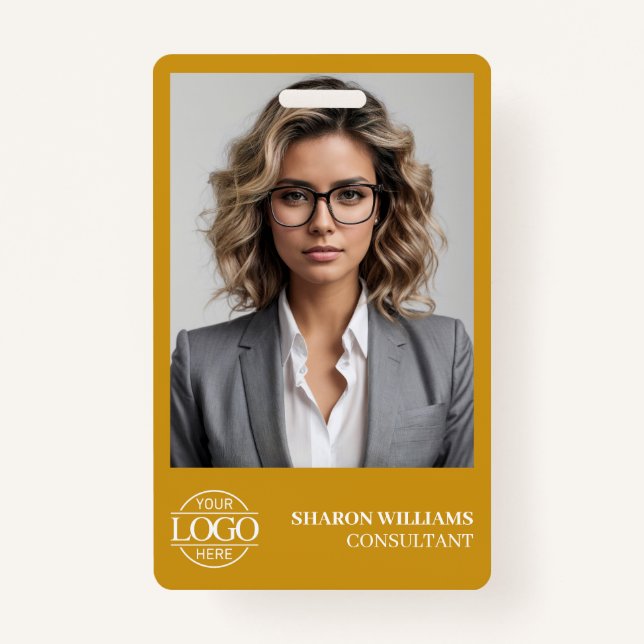 Crachá Modern Mustard Yellow Employee Photo Company Logo (Frente)