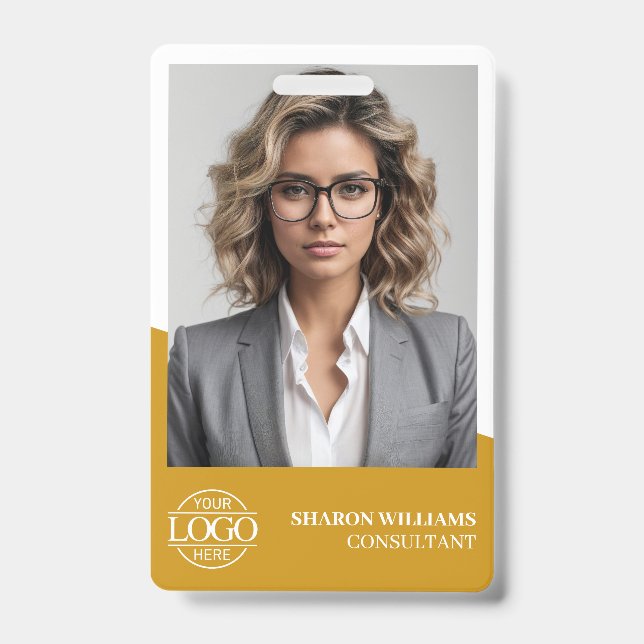 Crachá Modern Mustard Yellow Employee Photo Company Logo (Frente)