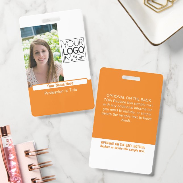 Crachá Modern Orange Color Block Professional Photo Name (Escritório)