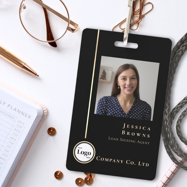 Crachá Modern Professional Black Gold Photo Logo QR code (Criador carregado)