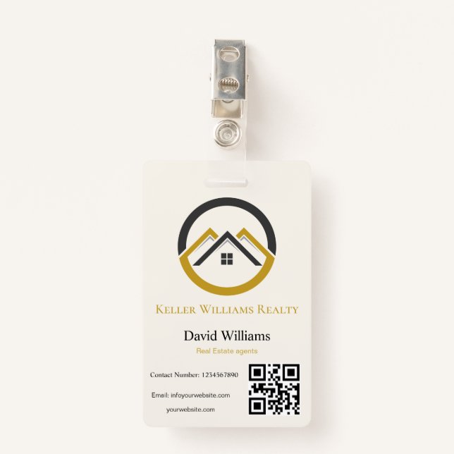 Crachá Modern Real Estate white and gold custom logo  (Frente com Clipe)