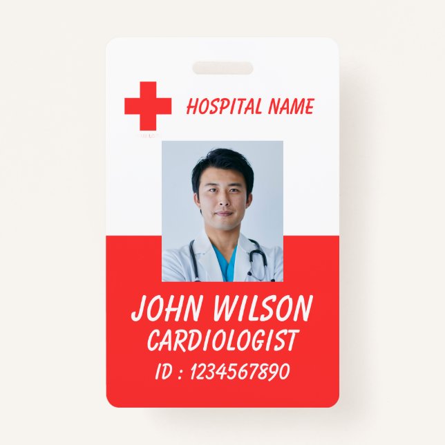 Crachá Modern Red Nurse Photo ID Badge Template (Frente)
