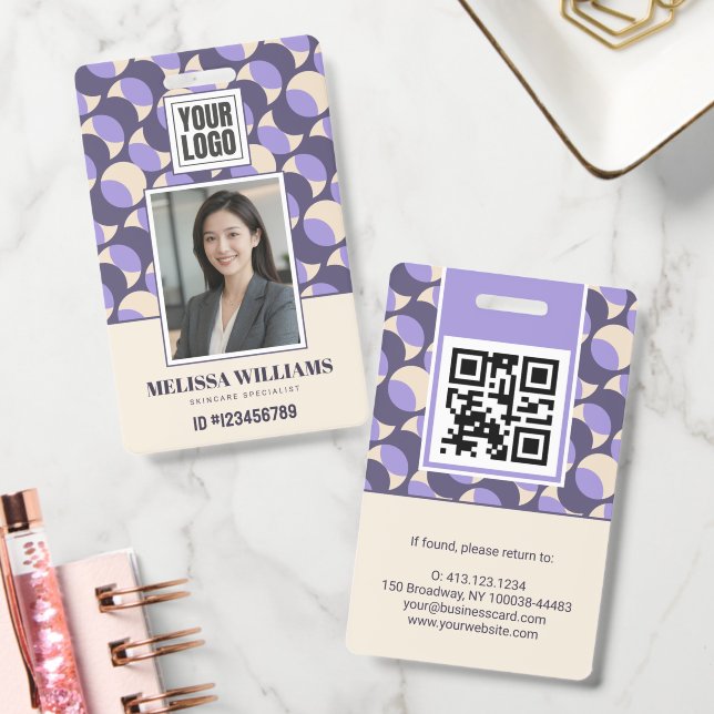 Crachá Modern Retro Lavender Geometric Photo ID Badge (Escritório)