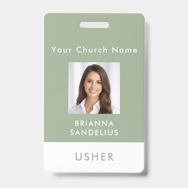 Crachá Modern Sage Green Church Usher Photo ID (Frente)