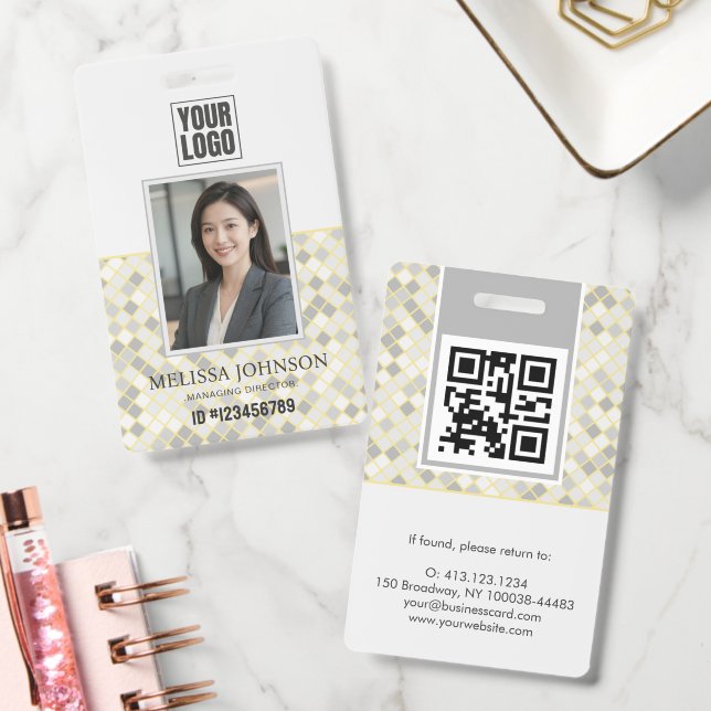 Crachá Modern Yellow & Gray Geometric Photo ID Badge (Escritório)