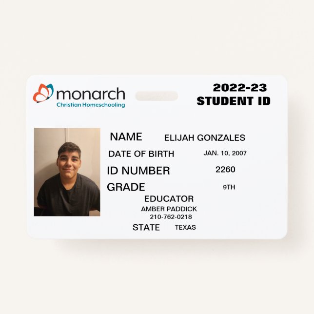 CRACHÁ MONARCH HOMESCHOOL ID  (Frente)