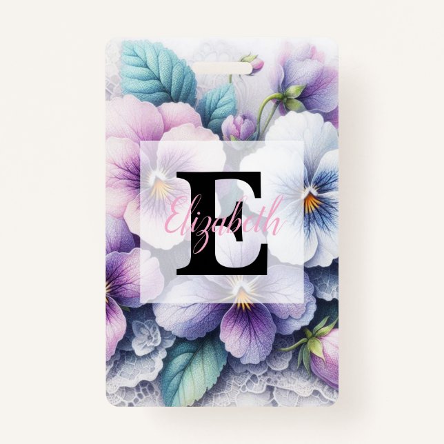 Crachá Monogram lace floral pink purple pansies flowers  (Frente)