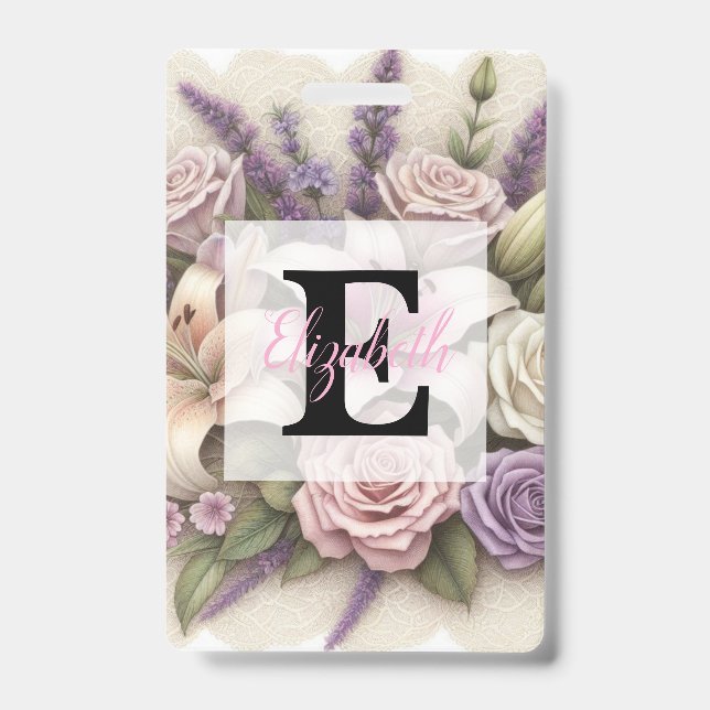 Crachá Monogram lace floral purple roses lavender lilies  (Frente)