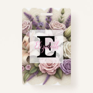 Crachá Monogram lace floral purple roses lavender lilies 