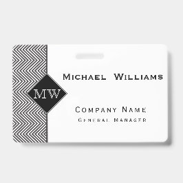 Crachá Monograma com padrão abstrato de Chevron preto e b