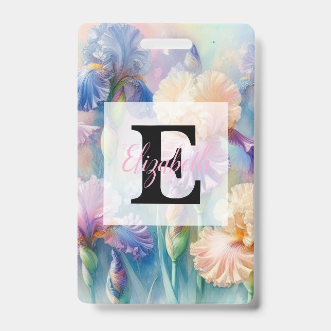 Crachá Monograma de aquarela floral com flores de íris ro (Frente)