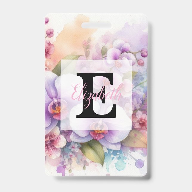 Crachá Monograma de aquarela floral com flores de orquíde (Frente)