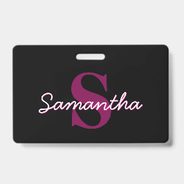 Crachá Monograma de letra cursiva rosa e preto personaliz