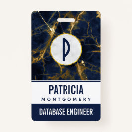 Crachá Na moda marinho Azul e Dourado Marble Moderno