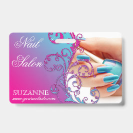 Crachá Nail Salon Technician Floral Damask Pink Blue