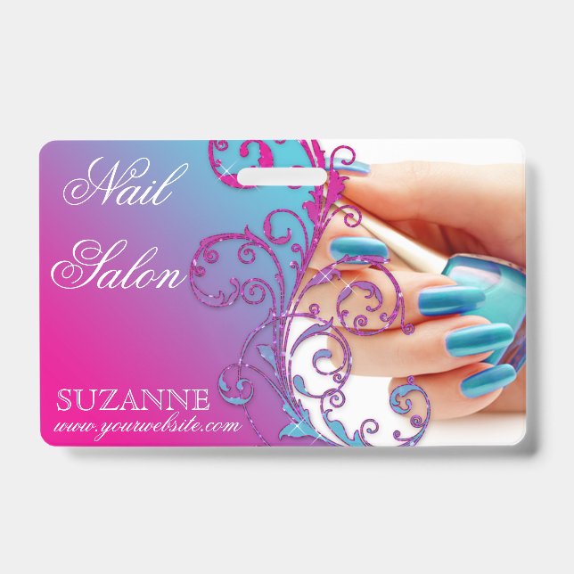 Crachá Nail Salon Technician Floral Damask Pink Blue  (Frente)