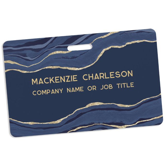 Crachá Navy Blue Marble Agate Geode Gold ID do Nome da Em (Navy blue gold agate marble geode business professional name id badge)
