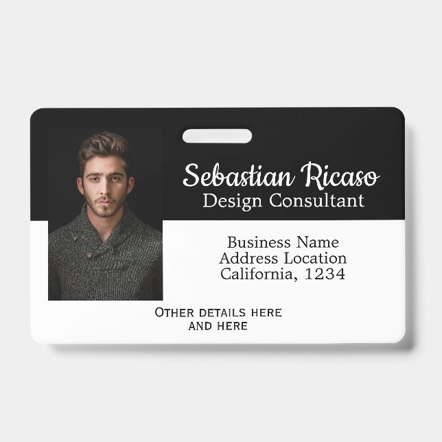 Crachá Negócios Personalizados Branco Preto (Frente)