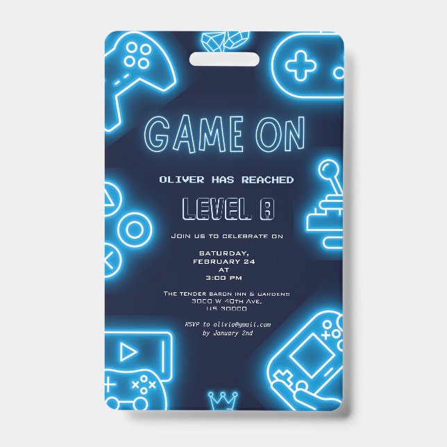 Crachá Neon Any year video games birthday invitation (Frente)
