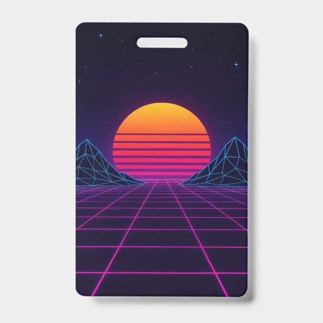 Crachá Neon Sunset Grid – Synthwave Retro-Futurístico Sti (Frente)