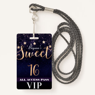 Crachá Noite sob Stars Dourado Purple Sweet 16 VIP Pass