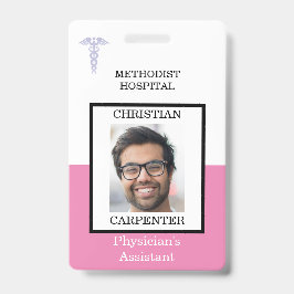 Crachá Nome da Foto da Instalação Médica Rosa e Branca