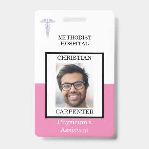 Crachá Nome da Foto da Instalação Médica Rosa e Branca