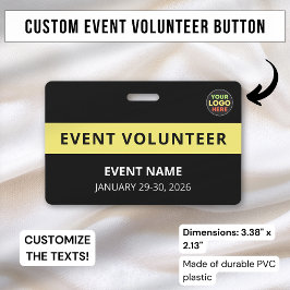 Crachá Nome de Evento de Voluntário Preto Minimalista Log