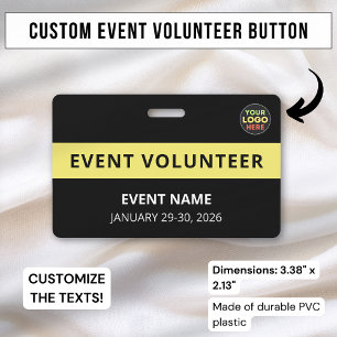Crachá Nome de Evento de Voluntário Preto Minimalista Log