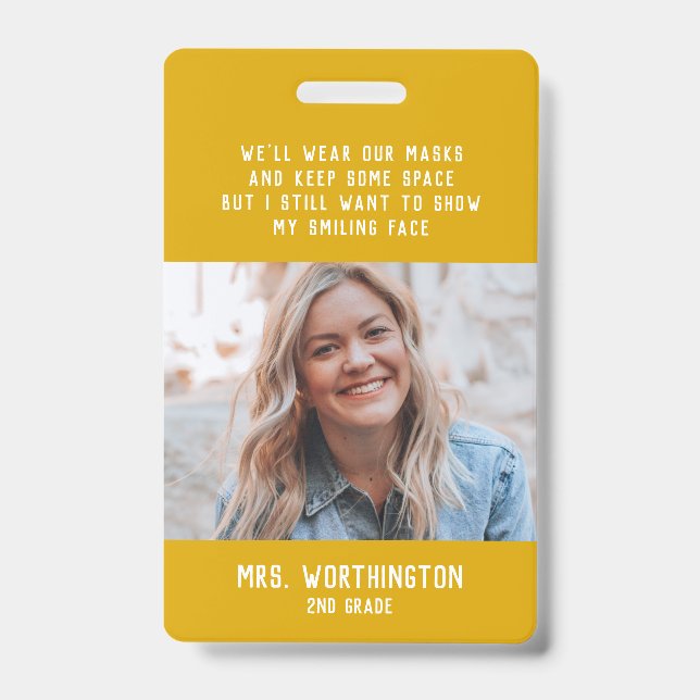 Crachá Nome de foto amarelo fofo para professor (Frente)