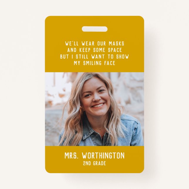 Crachá Nome de foto amarelo fofo para professor (Frente)