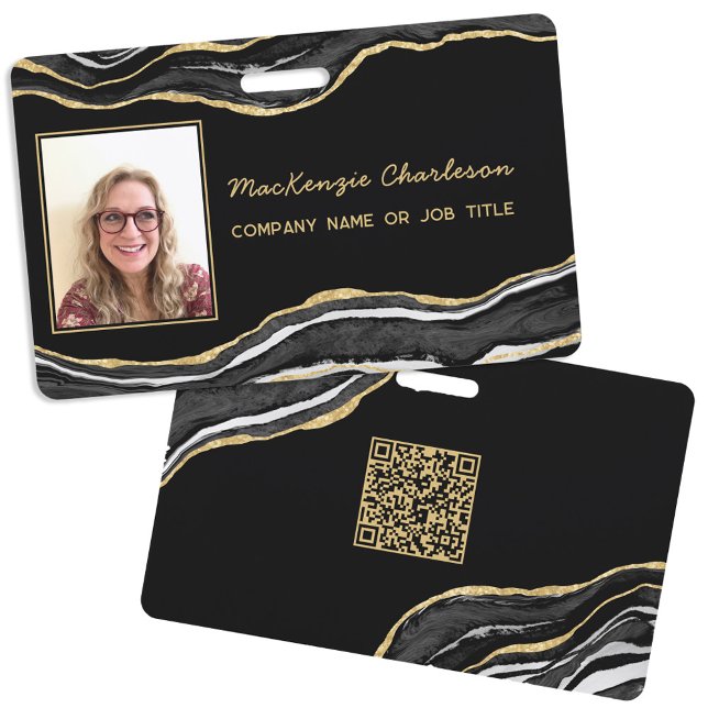 Crachá Nome de Foto do Código QR do Geode Agato de Marble (Black marble agate geode gold business photo id with QR code)