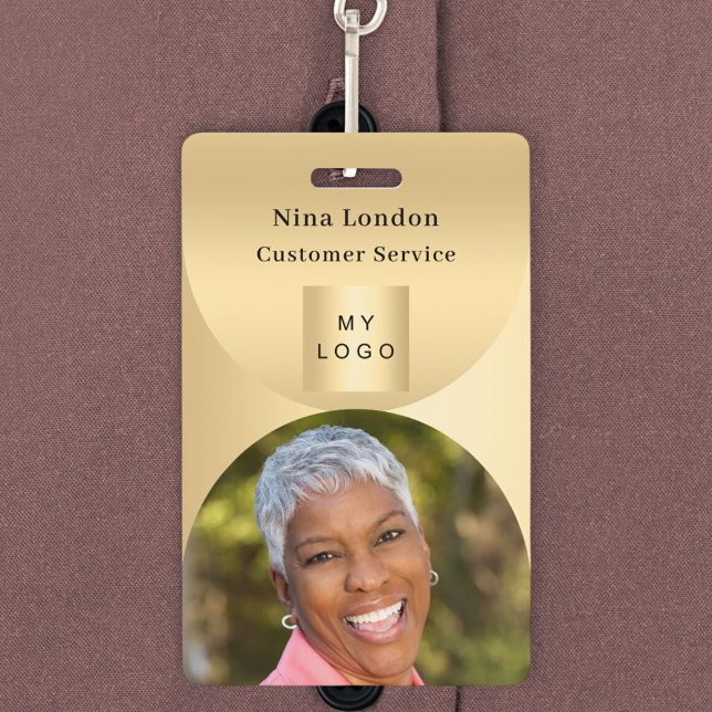 Crachá Nome de foto Dourado arco código QR logotipo comer (Criador carregado)